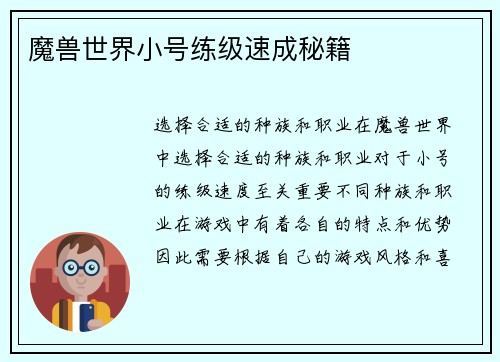 魔兽世界小号练级速成秘籍